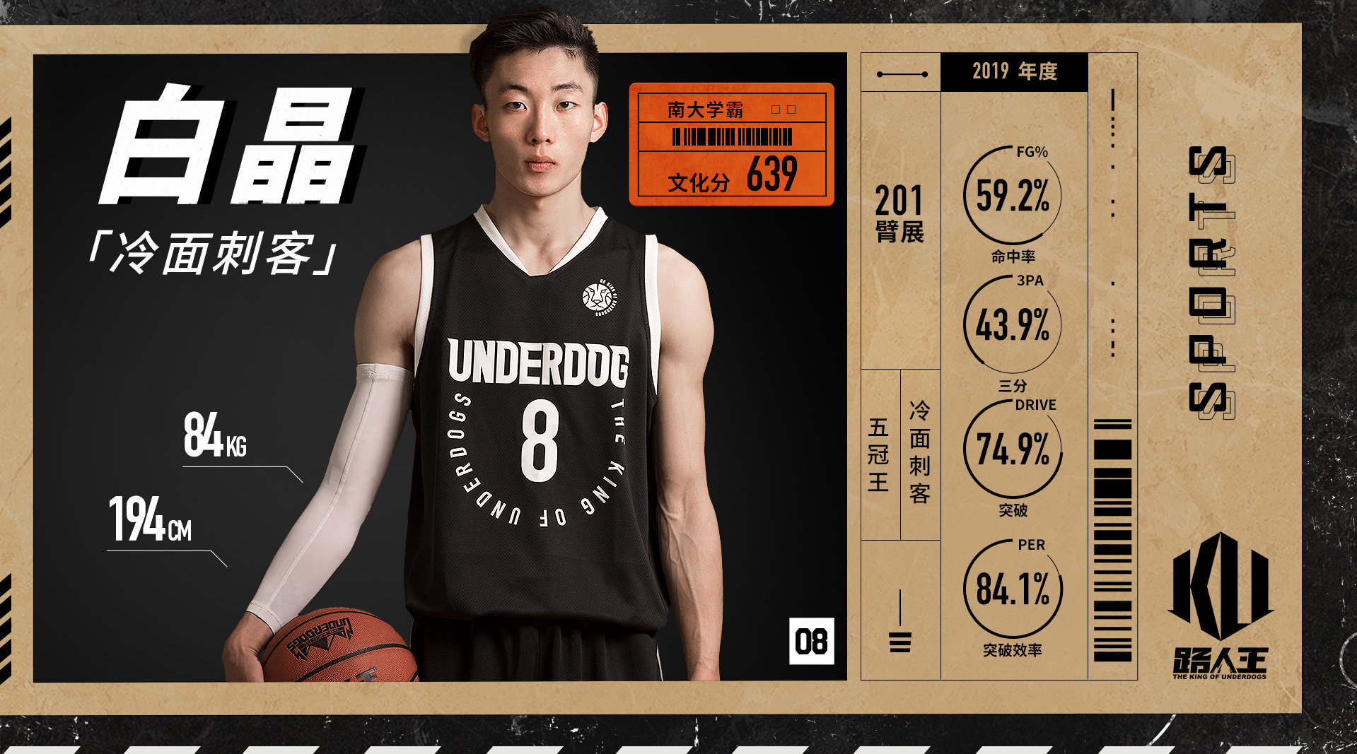 "冷面刺客"白晶,身高194cm,臂展201cm.路人王5冠王