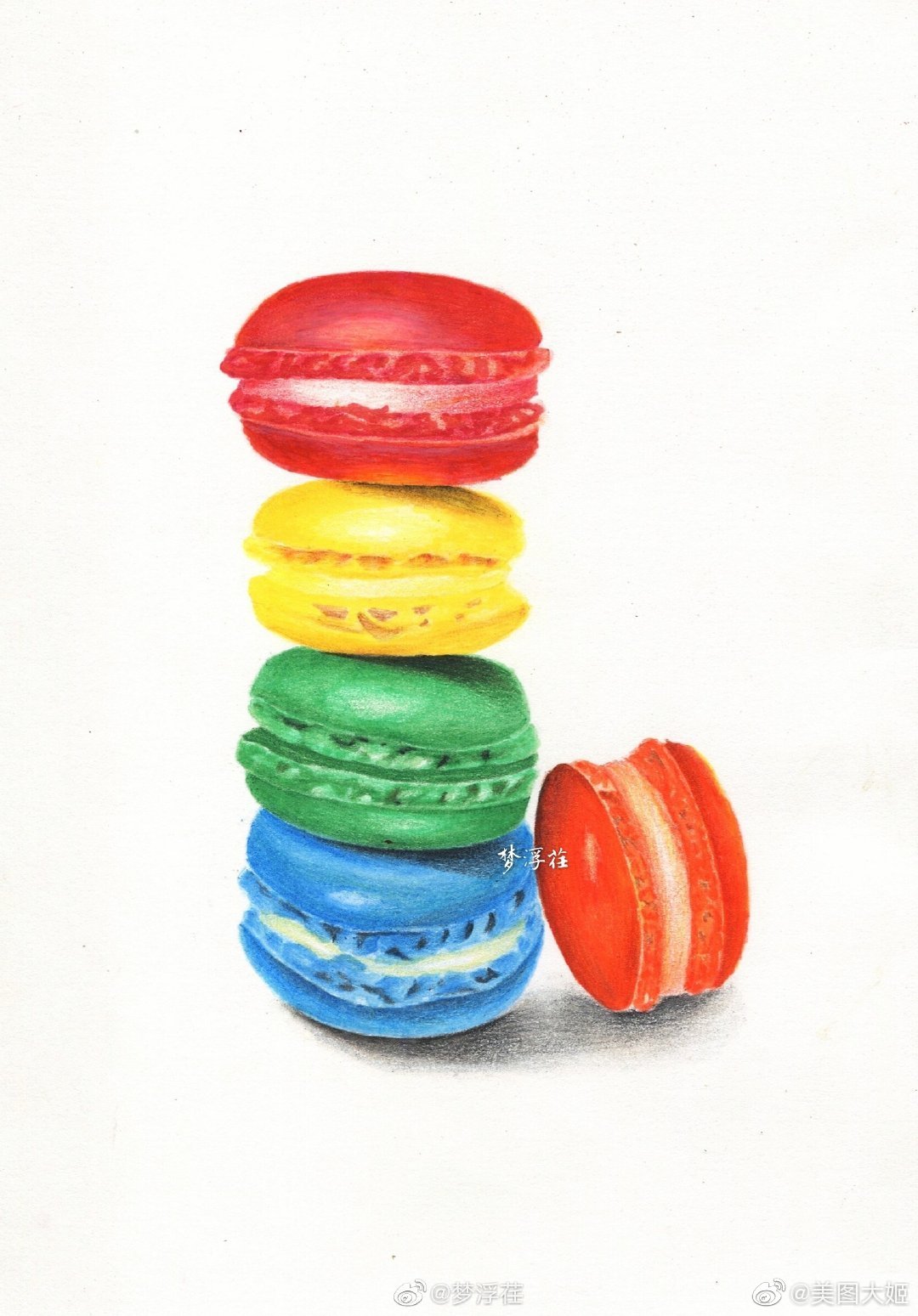 彩铅画手绘作品   马卡龙作者@梦浮荏