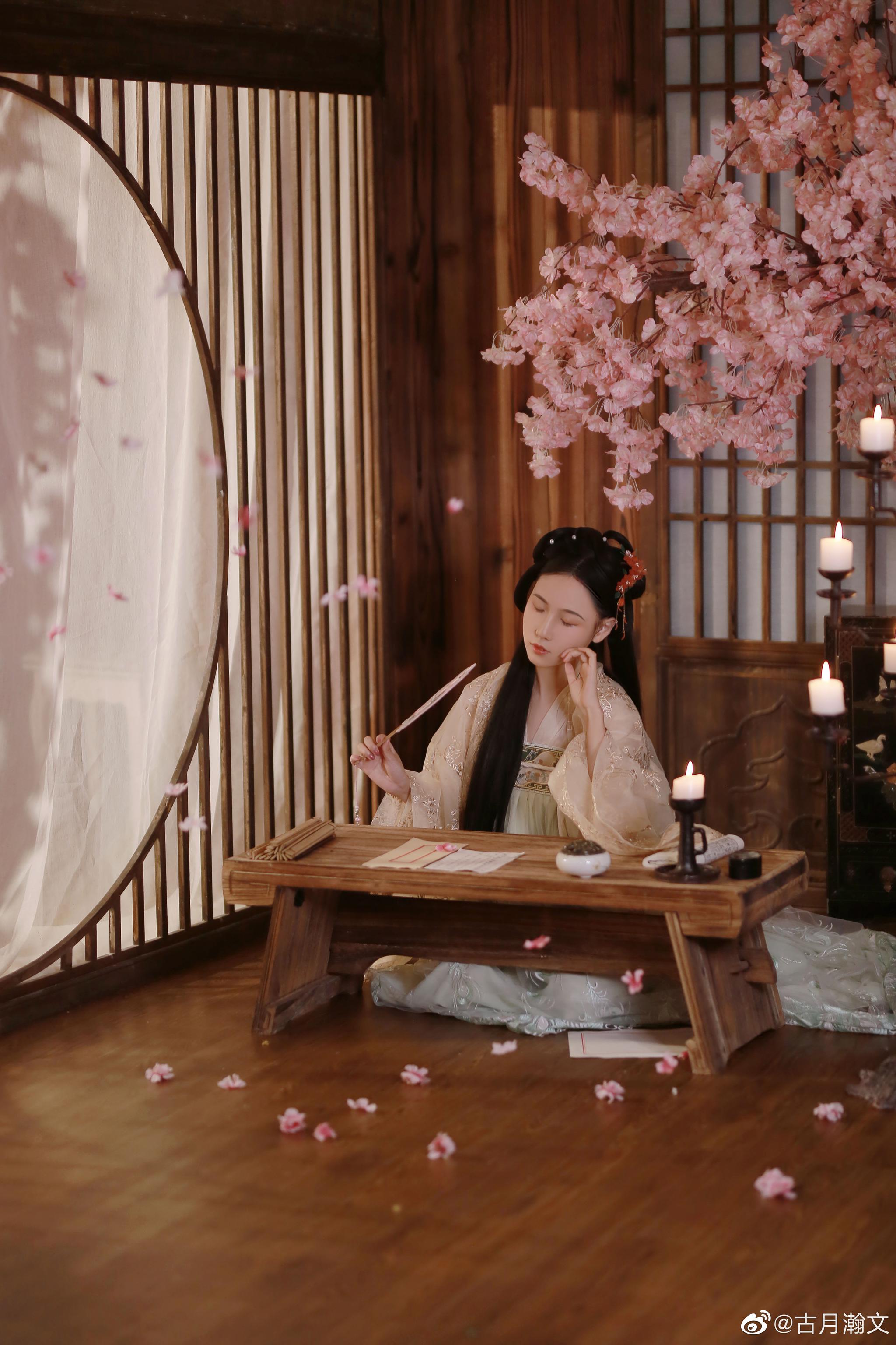 曾借轩窗明月光对镜描眉画红妆丹唇朱映海棠交融脂粉香