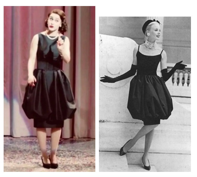1959年设计(右)另外值得一提的是,麦琪登上电视时穿的那条黑色霍步裙