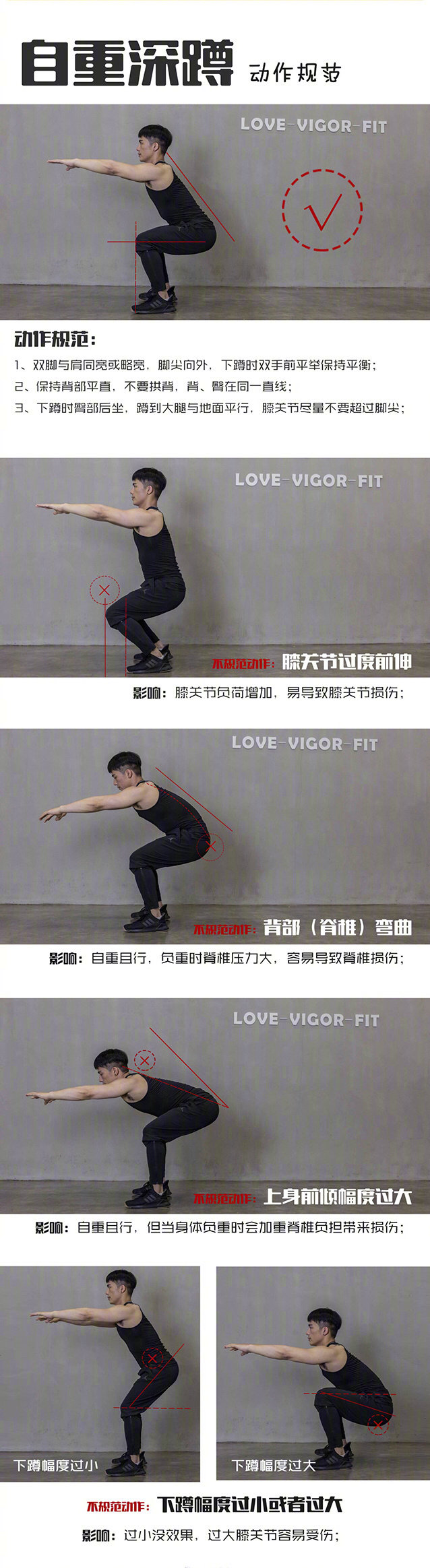 关于自重俯卧撑,卷腹,仰卧起坐,平板支撑,弓步蹲,深蹲训练动作规