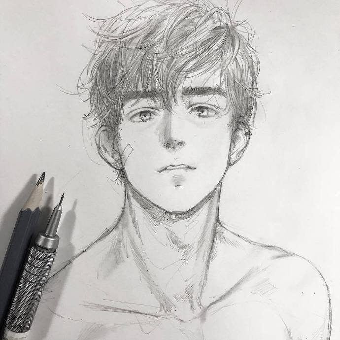 插画师 shinji chibana 用自动铅画出的帅气男生