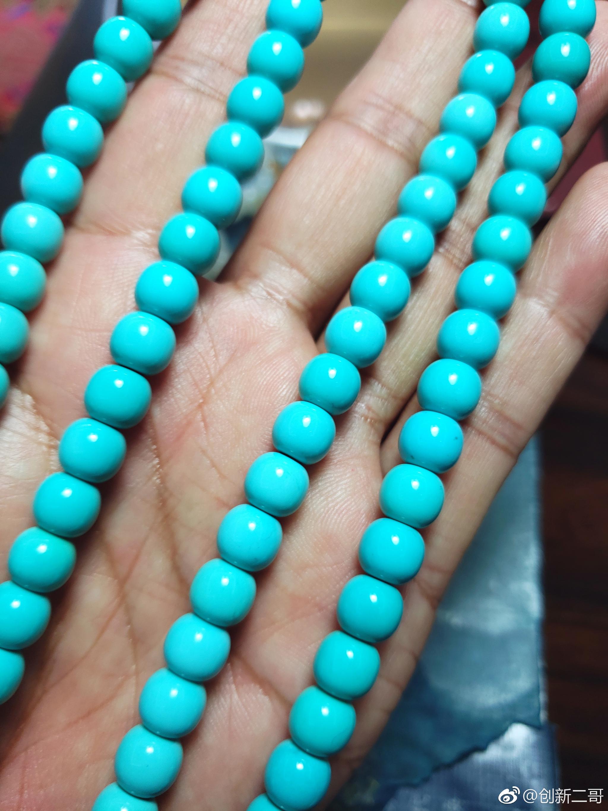 最爱那一片果冻蓝高瓷原矿喇叭山料绿松石老型珠帅酷了