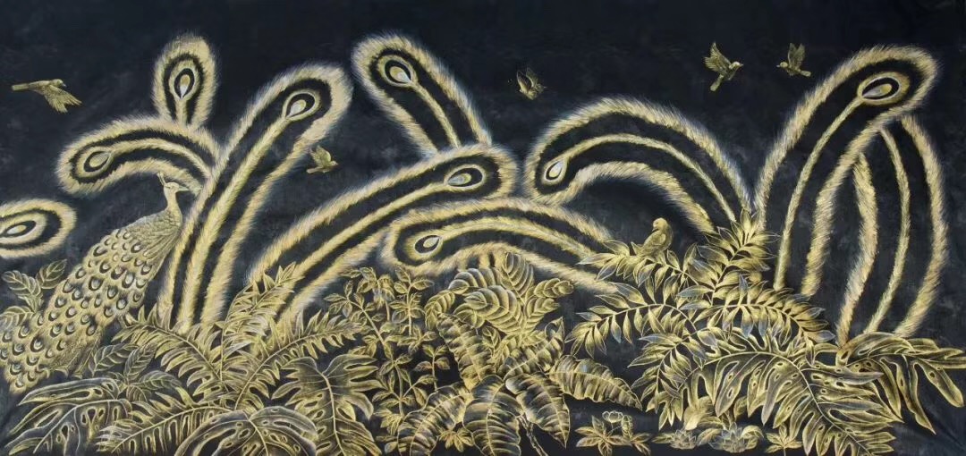 贝壳粉工笔画,挺特别的背景墙.