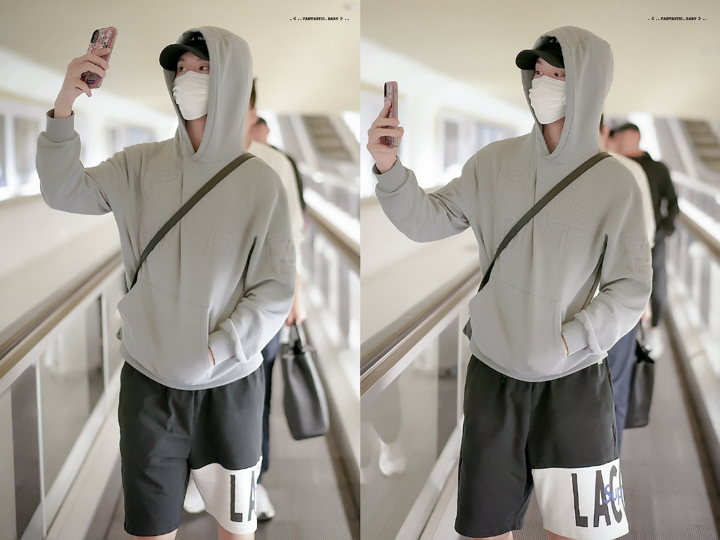 范丞丞机场路透 北京巴黎到达灰色卫衣 黑色短裤 酷帅有型边走