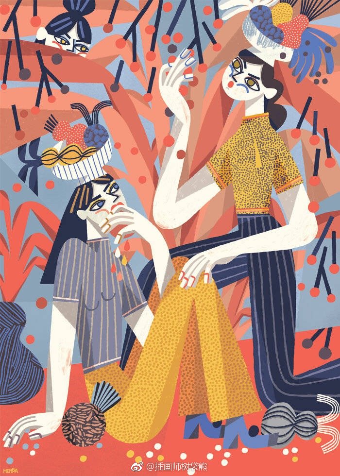 波兰插画师 gosia herba 时尚女孩们插画设计作品她的作品采用弧形线