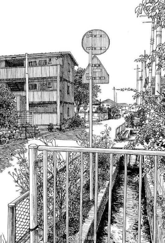 黑白插画,街景一角@微博美学 :iyohiko azuma