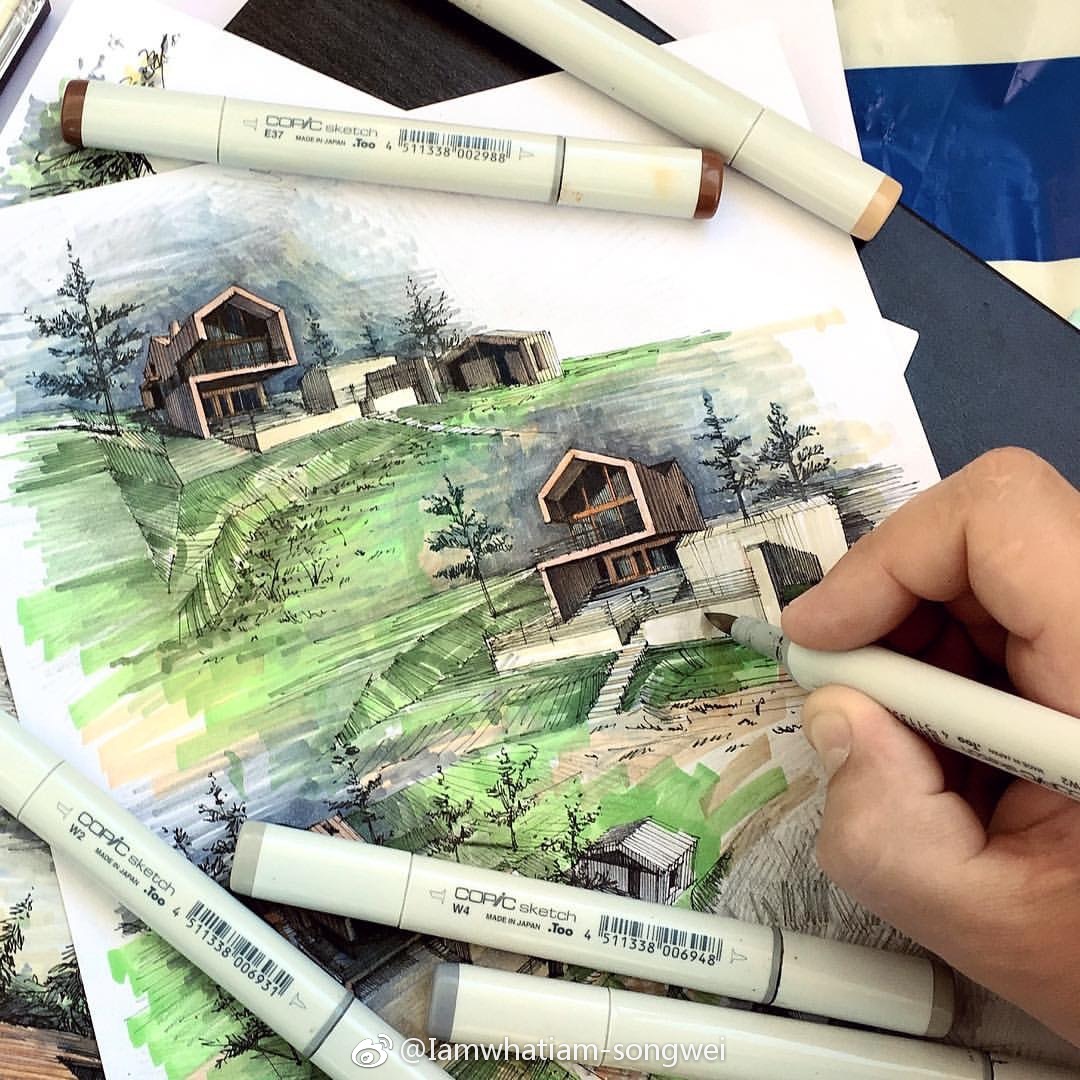 建筑设计马克笔手绘|马克笔_新浪新闻