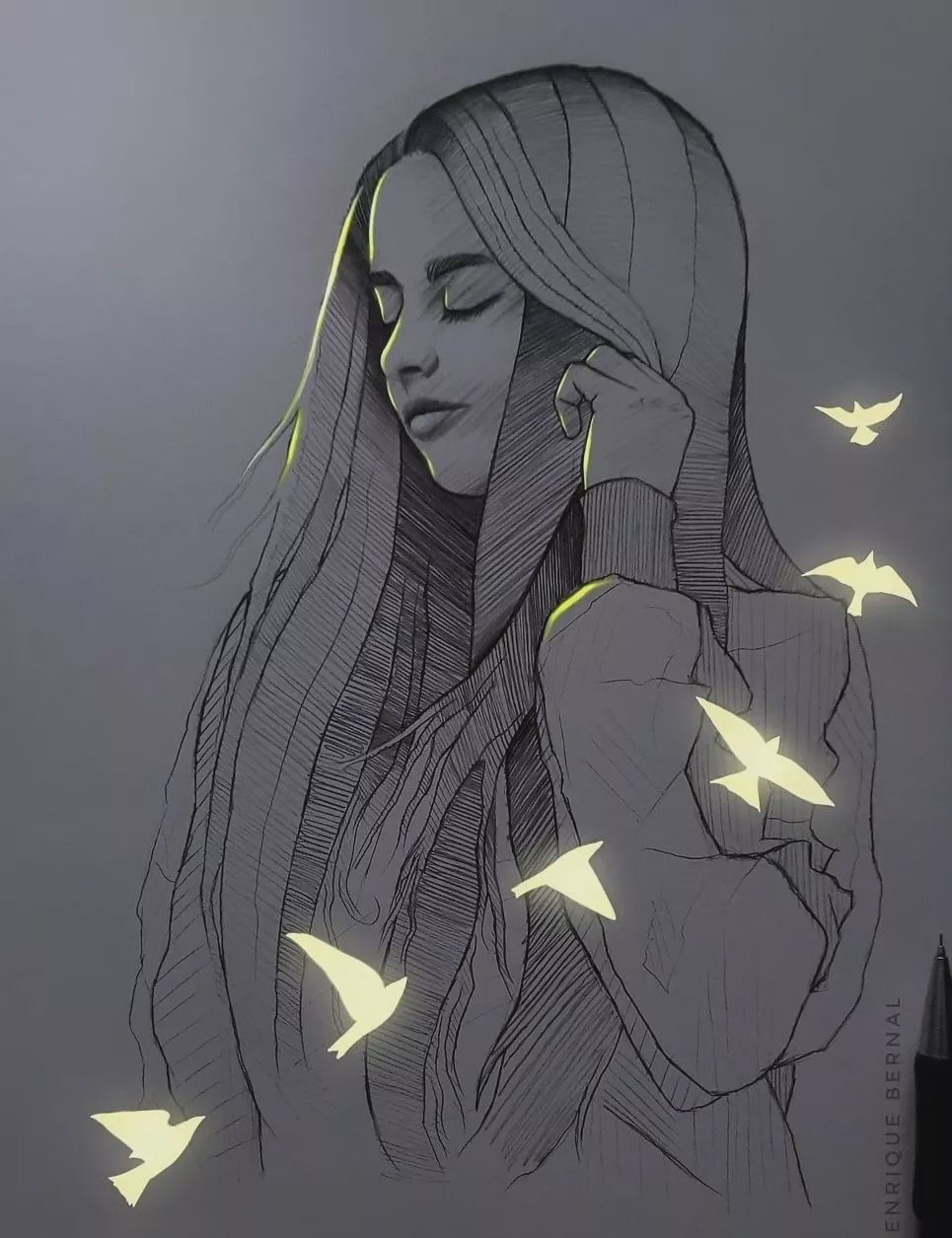 梦幻般的荧光效果,他的铅笔素描会发光