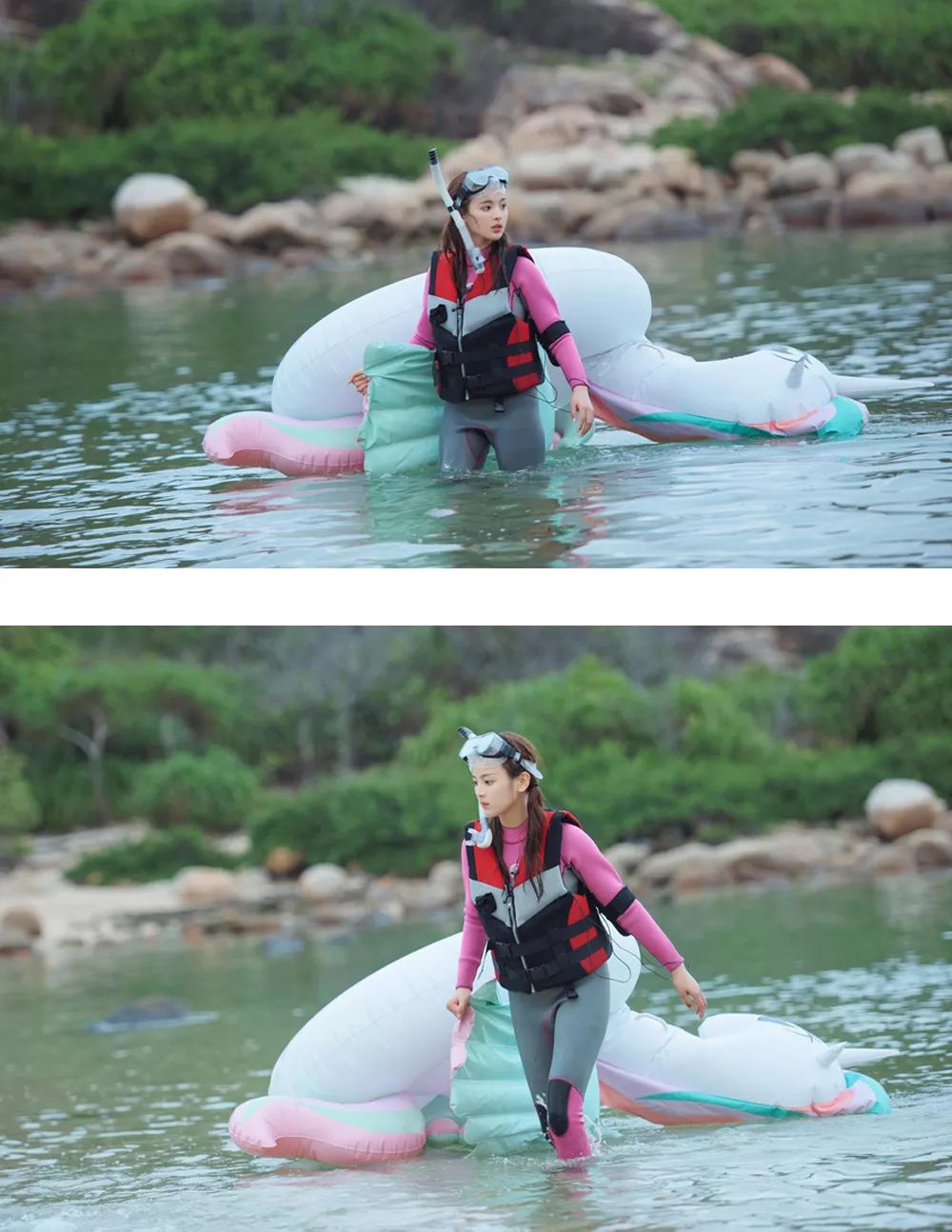 杨超越扎双马尾,穿粉色潜水服秀出纤细好身材,下水造型都这么美