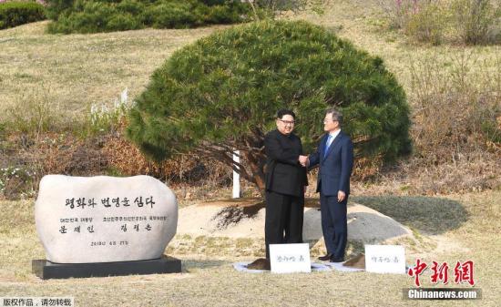 资料图：当地时间2018年4月27日，金正恩与文在寅在板门店军事分界线附近共同种下一棵65年树龄的松树，这是一棵停战协定签署那一年——1953年的松树，种树的土分别来自朝鲜和韩国。韩朝双方领导人还在植树活动现场合影留念。