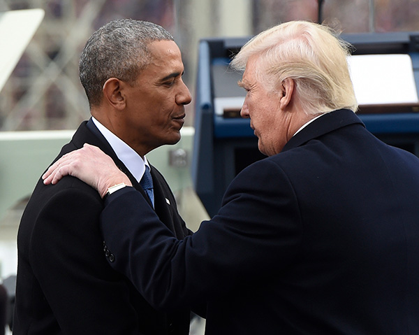 当地时间2017年1月20日，美国华盛顿，特朗普就职典礼举行，奥巴马出席。 IC 图