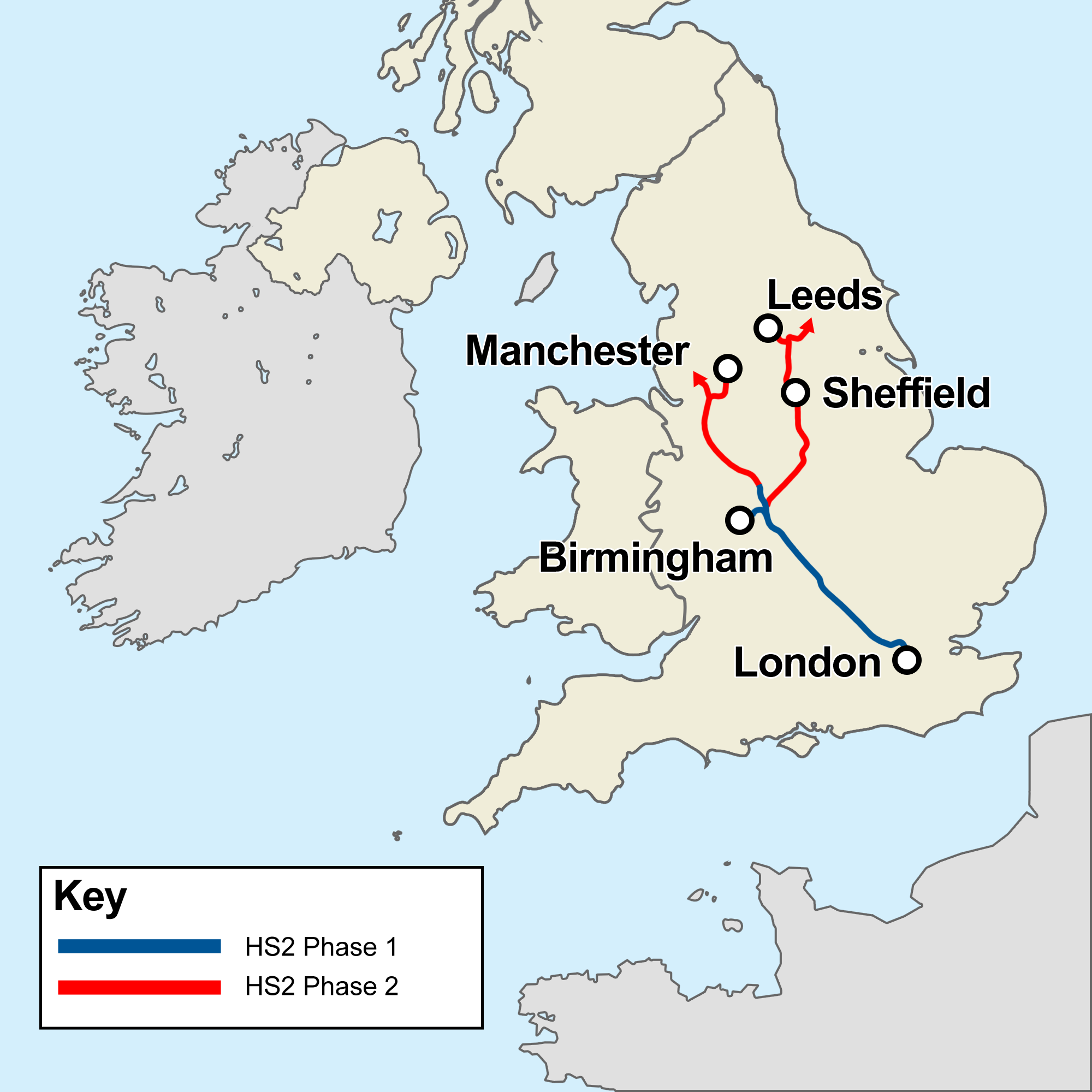 HS2线路规划图，蓝线为1期，红线为2期