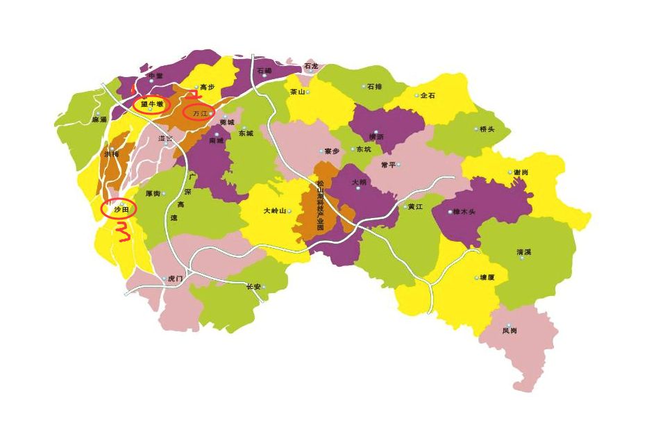 比如上面提到的几个楼盘,分别位于东莞的望牛镇,万江区和沙田镇,远离