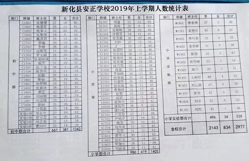 网传《新化县安正学校2019年上学期人数统计表》
