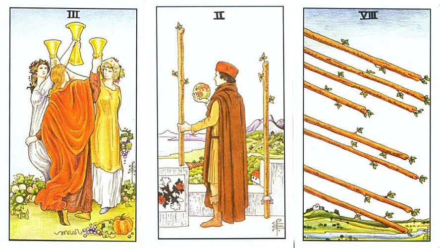 塔罗牌面:圣杯三,权杖二,权杖八94感情运势本周水瓶座的情感运势