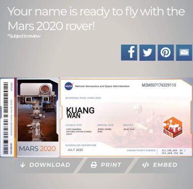 点击最后的「发送」按钮,即可自动生成出一张nasa正版的宇宙飞船船票