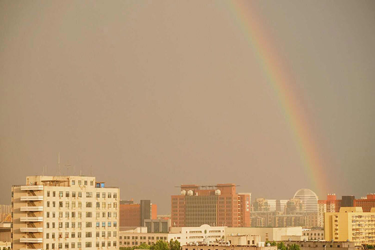 劲松，大雨过后，一抹彩虹挂天边。
