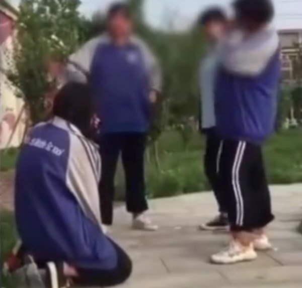 石家庄某中学女生遭同学殴打，还逼迫下跪。视频截图