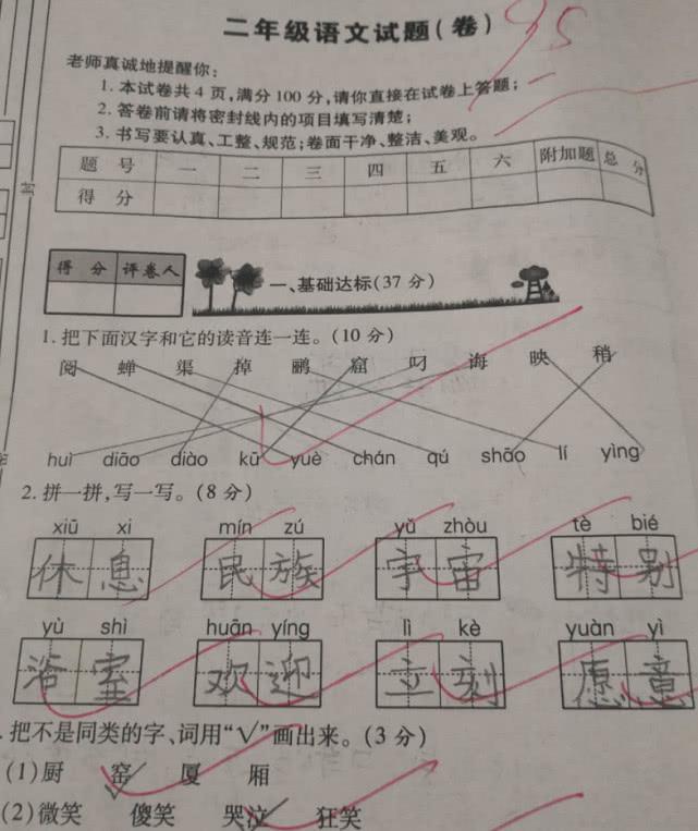 二年级语文测试卷,学霸95分,字迹工整如印刷体__财经头条