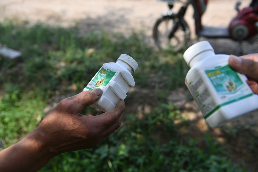 除草剂的空瓶子，一亩地需要两小瓶除草剂。新京报记者 王颖 摄