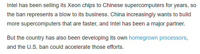  ▲图为美国《个人计算机》杂志在当年的报道中也提到中国市场对于因特尔这一芯片的重要性，以及美国禁令将给因特尔带来沉重打击