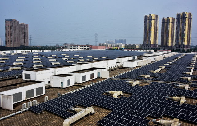 6月25日，西安市一家大企业的屋顶上，布满隆基绿能科技股份有限公司的光伏产品。摄影/章轲