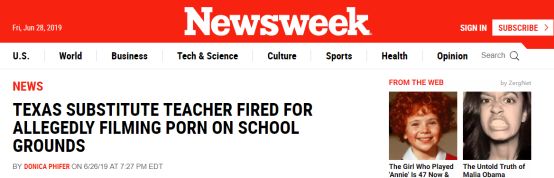  美国《新闻周刊》：得克萨斯州代课老师被开除，据称因其在校园拍摄色情录像
