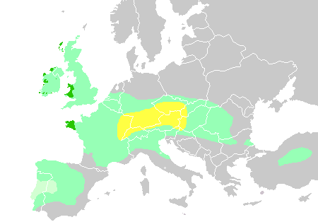 图中大片浅绿色为凯尔特语族历史上的使用地区，深绿色为现代仍使用的地区 维基百科