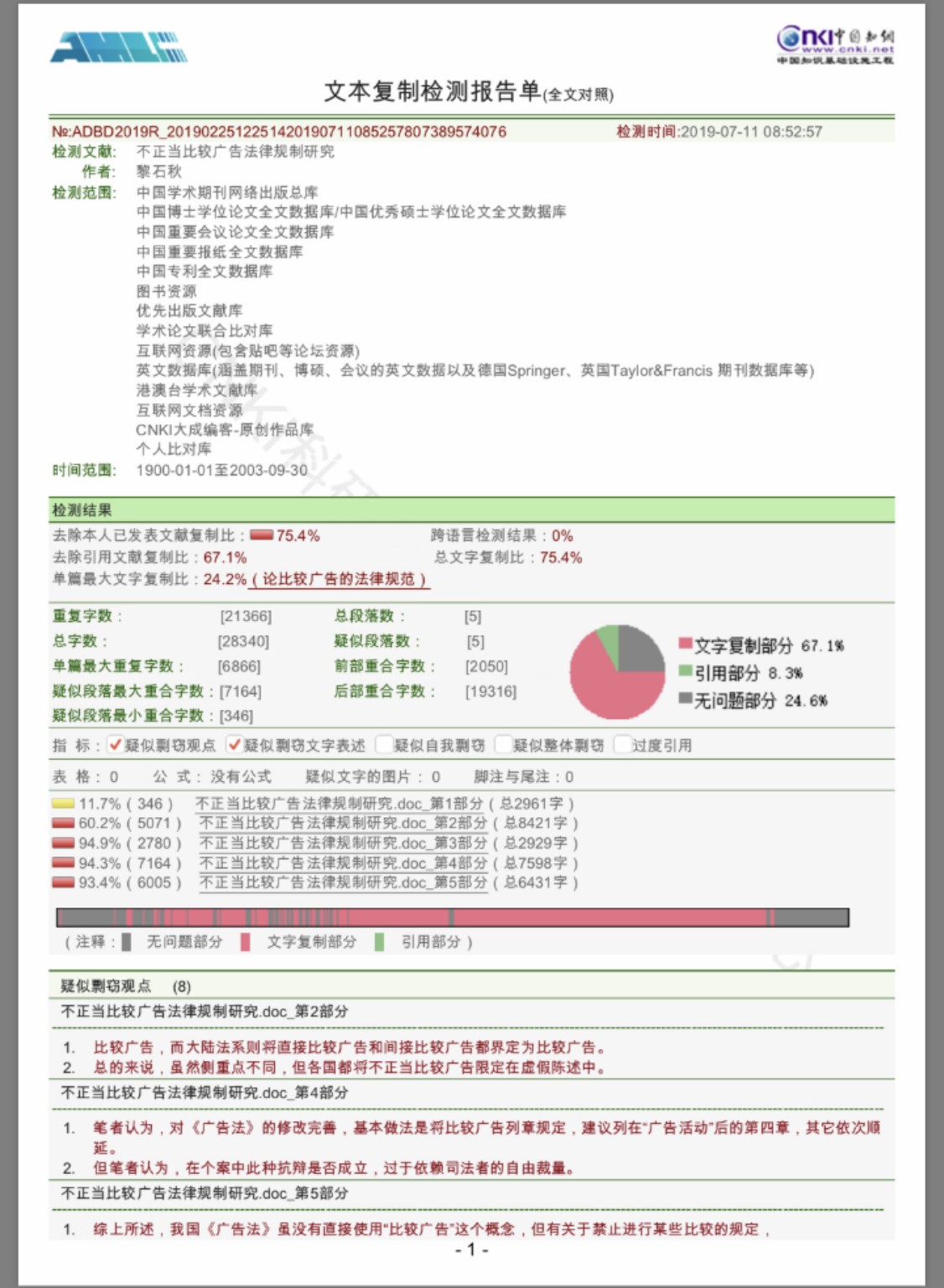 吴丹红公布在微博的材料显示，黎石秋硕士论文存在抄袭行为。微博截图