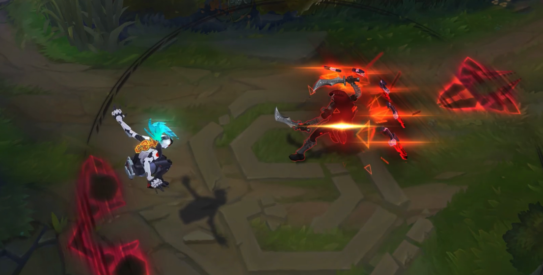 阿卡丽整个源计划皮肤的特效以红色为主,她的刀刃就是红色,所以平a砍