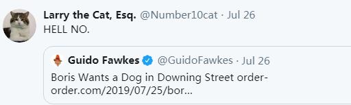 “英国第一猫”拉里的社交媒体账户转发“约翰逊想要在唐宁街养狗”的推特，并评论称“天啊，不要”。图片来源：社交网站截图。