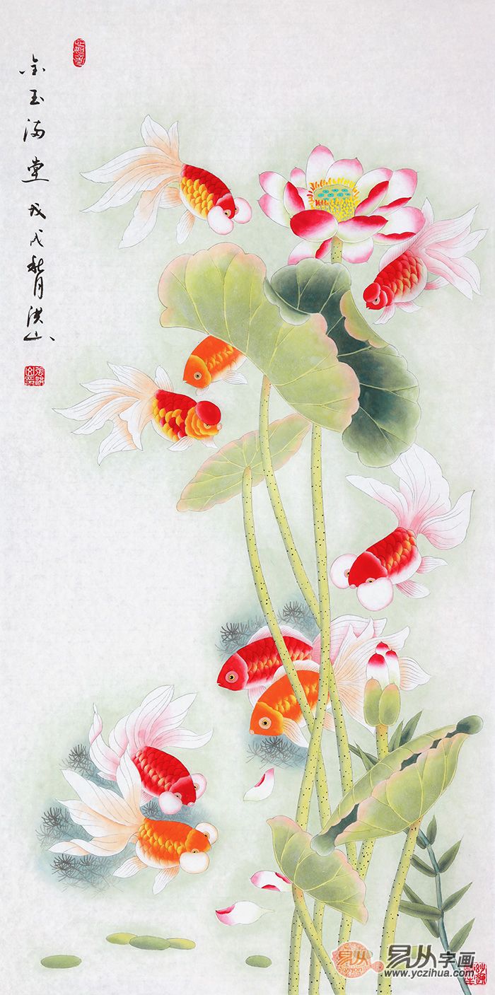 张洪山工笔荷花九鱼图欣赏,送您连年有余的祝福