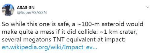 ASAS-SN在社交媒体上发文称，直径为100米的小行星若与地球碰撞，会造成相当大的影响：制造直径约1公里的陨石坑，威力或相当于几百万吨的TNT炸药当量。”（图片来源：ASAS-SN社交媒体截图）