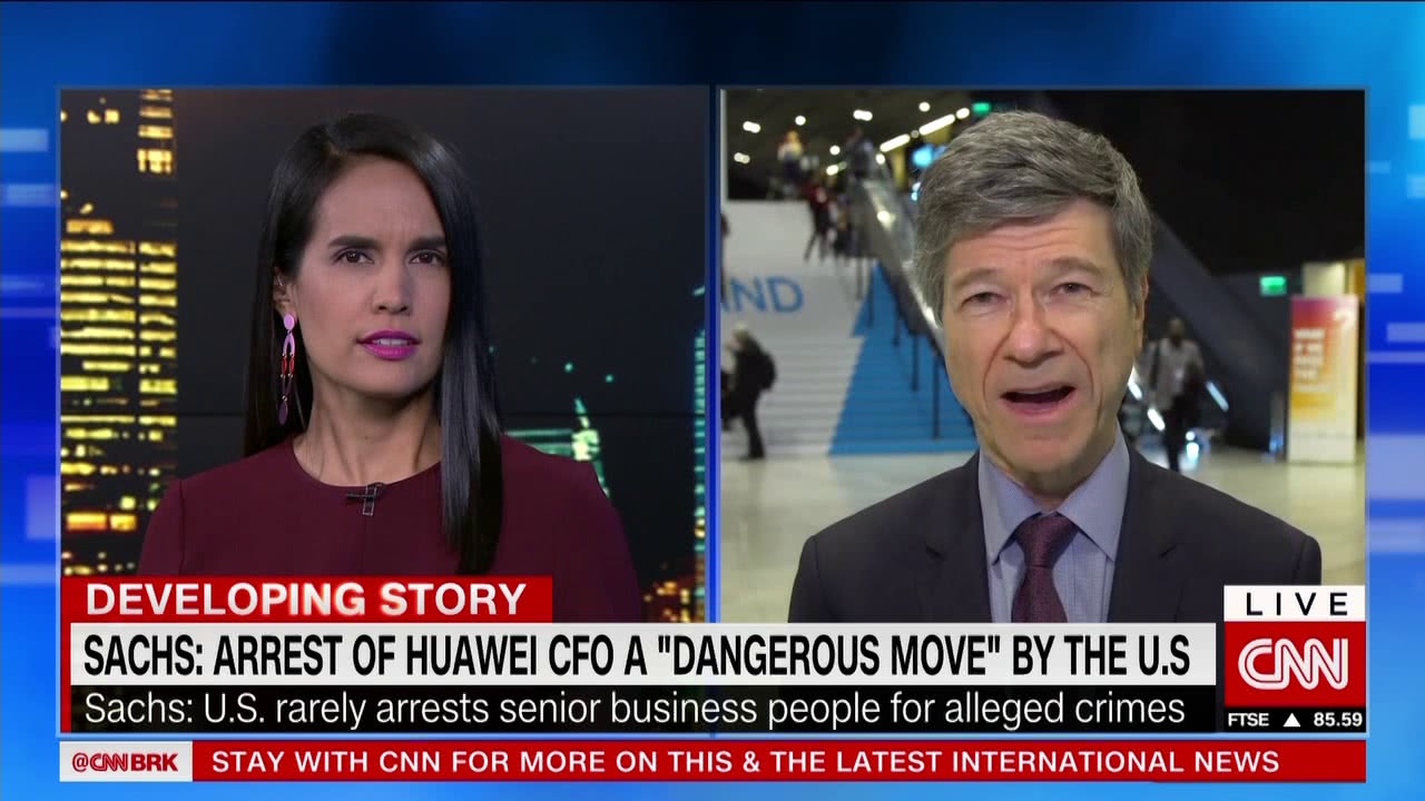 Jeffrey Sachs在电视节目中表示，扣押华为CFO是美国的一个危险举动