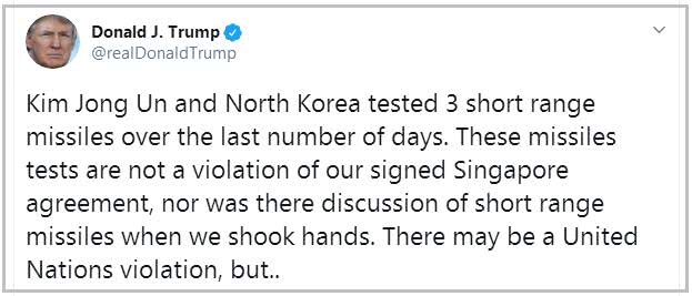 特朗普2日在社交媒体上称，朝鲜过去几天里试射了3枚短程导弹