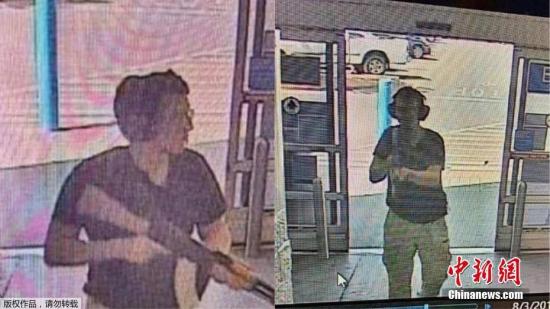当地时间8月3日，美国得克萨斯州埃尔帕索发生大规模枪击案，枪手在一家购物中心开枪，截至目前造成至少20人死亡，26人受伤，1名21岁的白人男子已被拘留。图为嫌犯监控录像曝光。（视频截图）