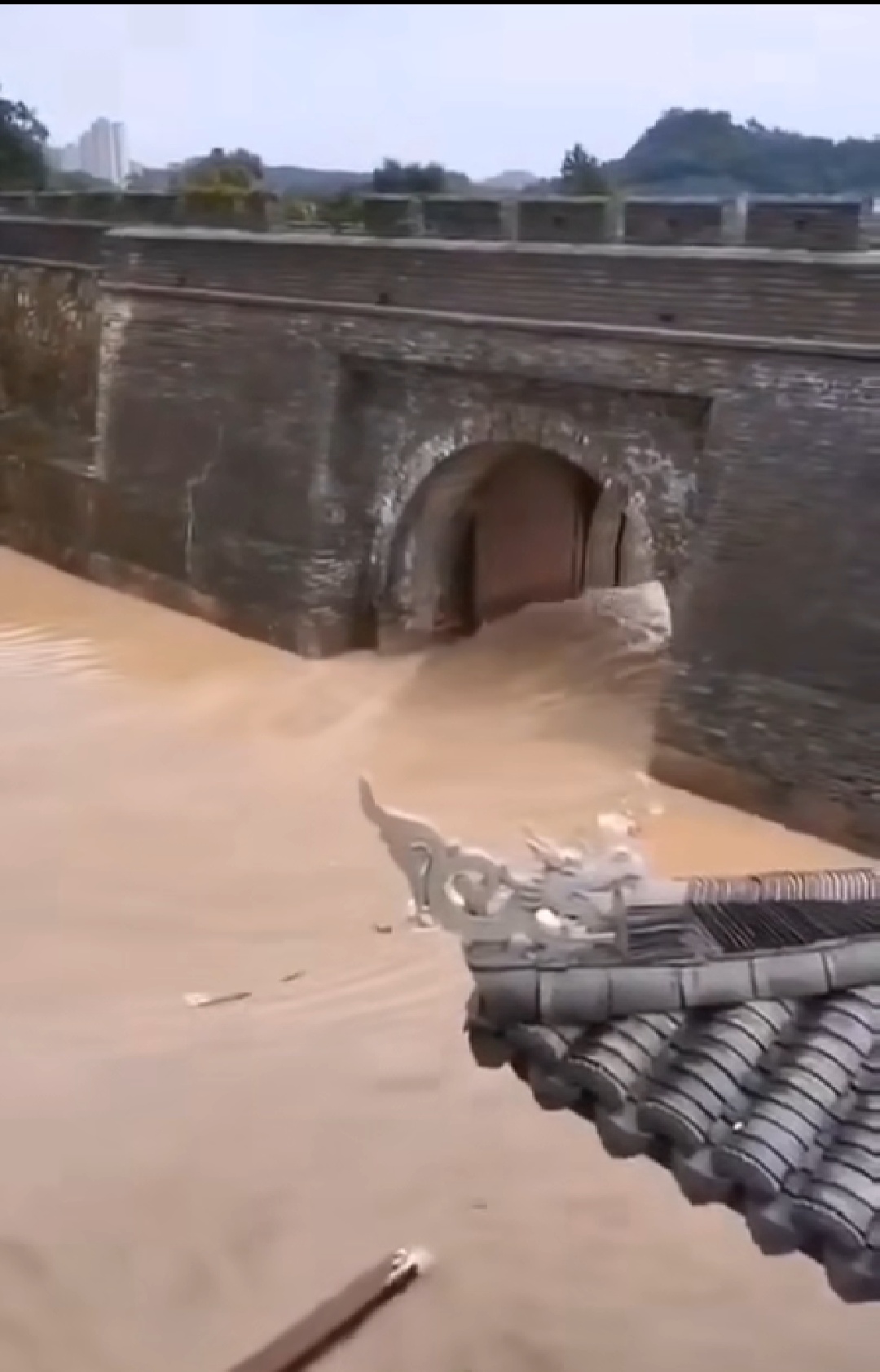  台州临海府城墙城墙根被淹。受访者供图