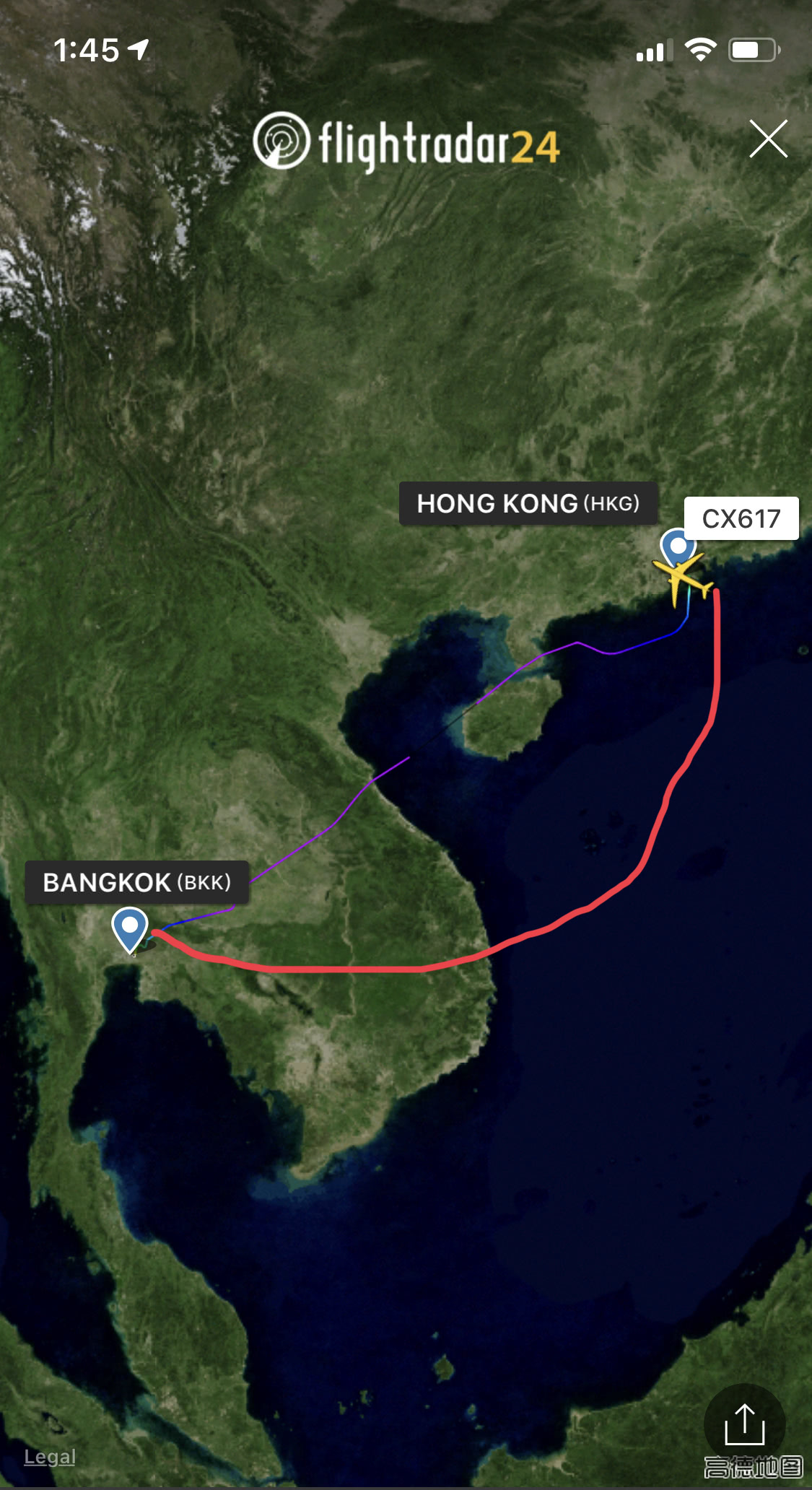 以国泰的香港飞曼谷航班为例，红线为绕行示意，非实际航线