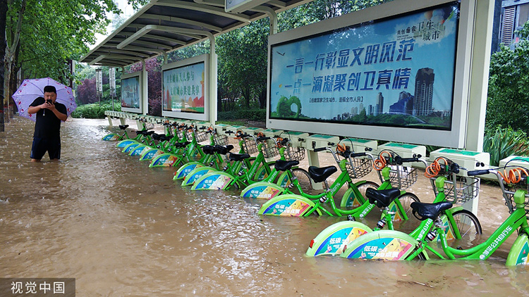 2019年8月11日，山东滨州，水已漫过公共自行车的一半。