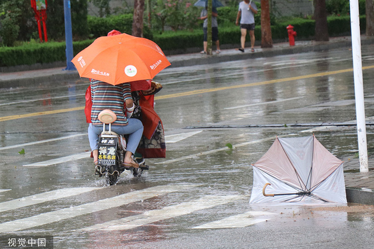 2019年8月11日，山东泰安，大风和暴雨，当地市民出行全副武装。