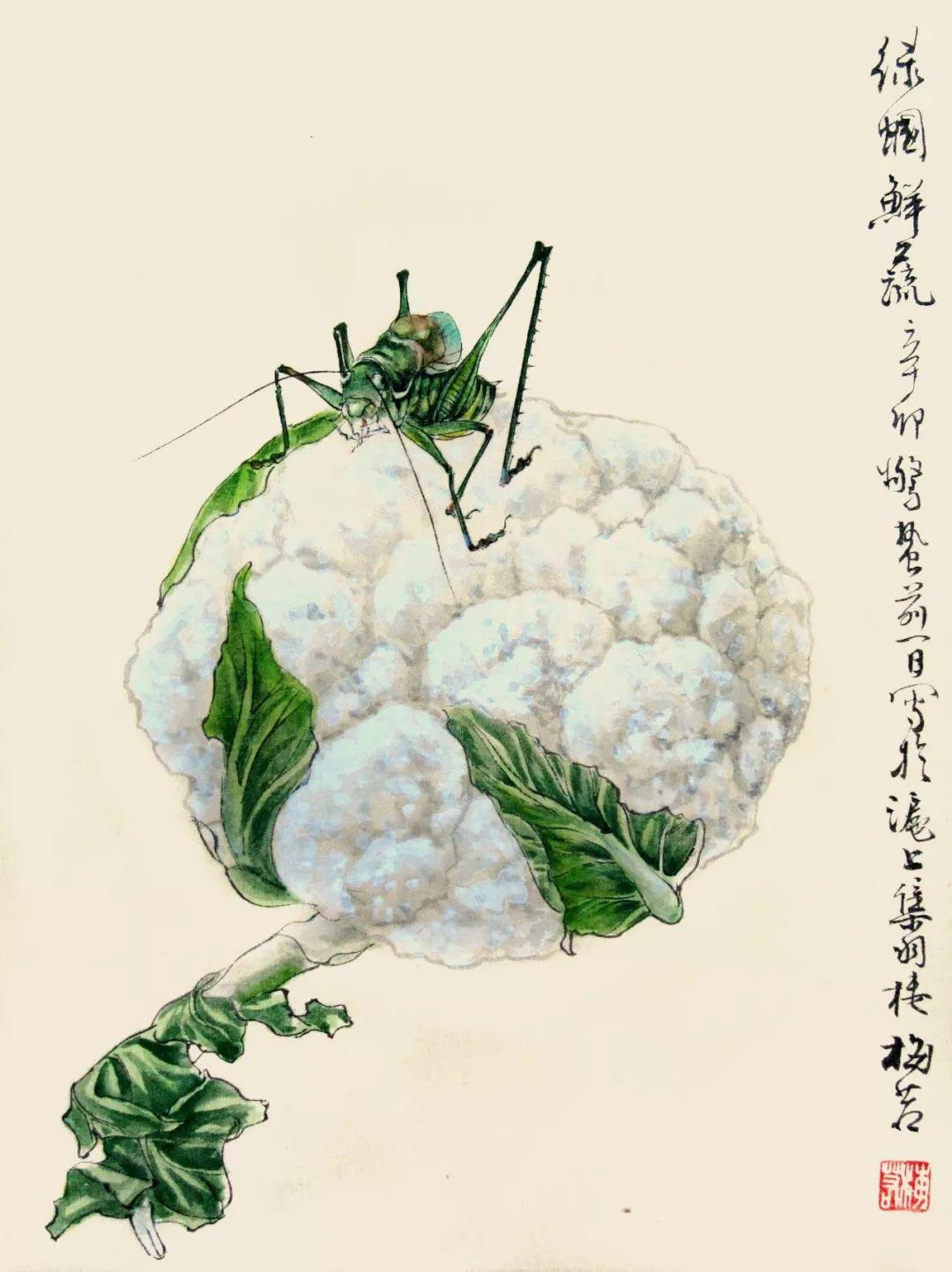 他笔下的工笔草虫自然恬淡,活泼灵动