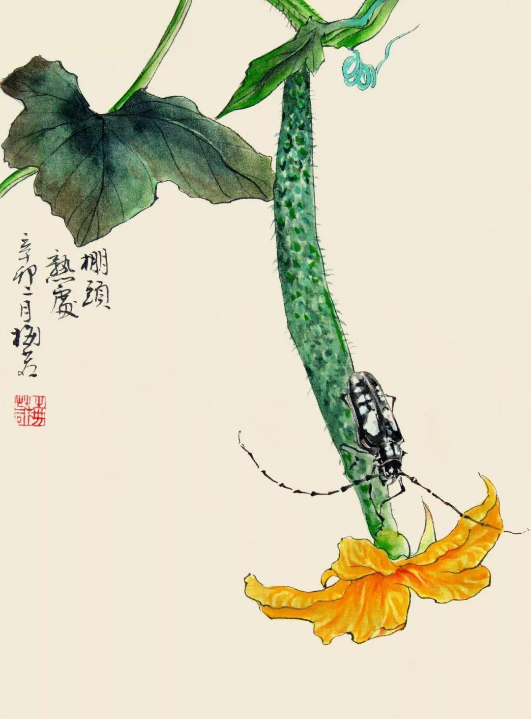 他笔下的工笔草虫自然恬淡,活泼灵动