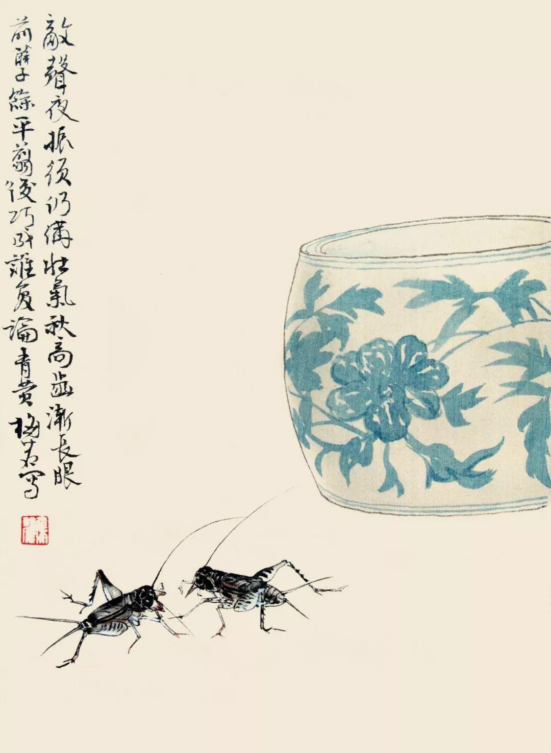 他笔下的工笔草虫自然恬淡,活泼灵动