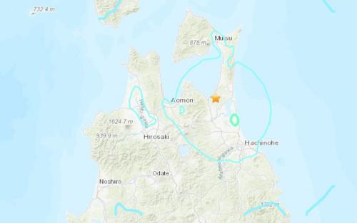 日本青森县发生5.4级地震。（图片来源：美国地质勘探局网站截图）