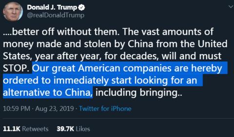 美国总统特朗普在推特上“命令”美国企业立即开始寻找替代中国的方案 （图源：推特截图）