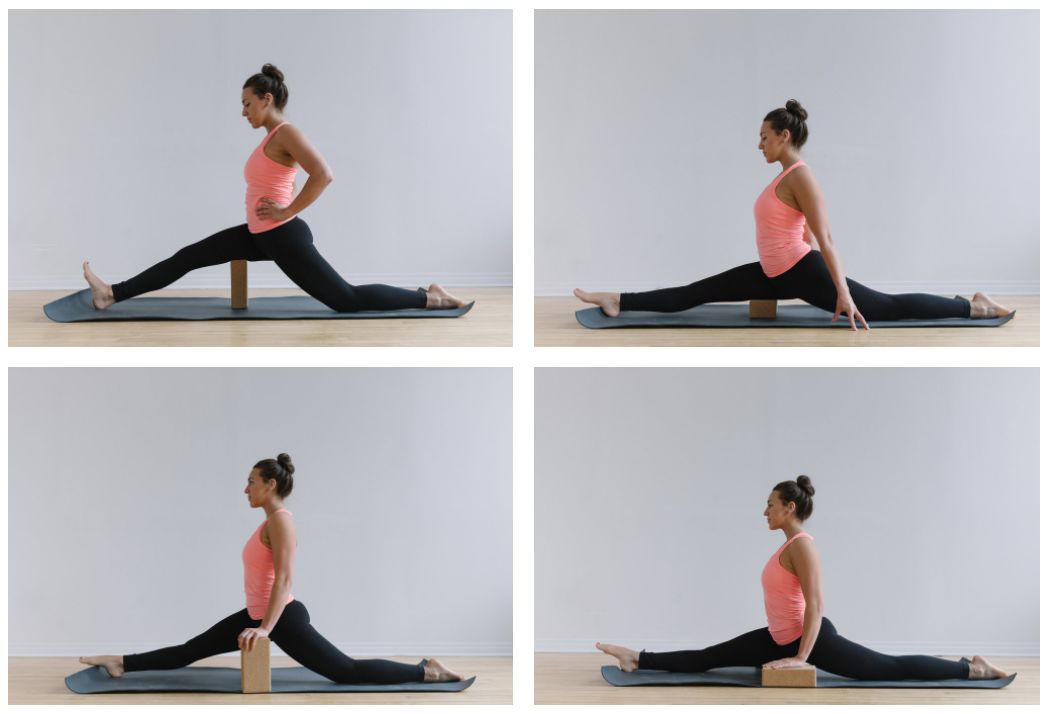 从骑马式,右脚在前左脚在后慢慢将双腿打开初学者可选择双手撑砖每