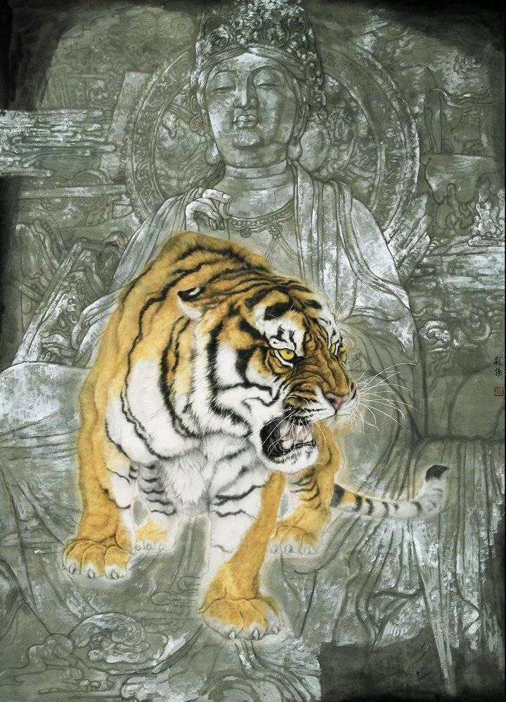 刘扬笔下的虎与其他画家不同,他不但把虎画得生动传神,而且作为一个