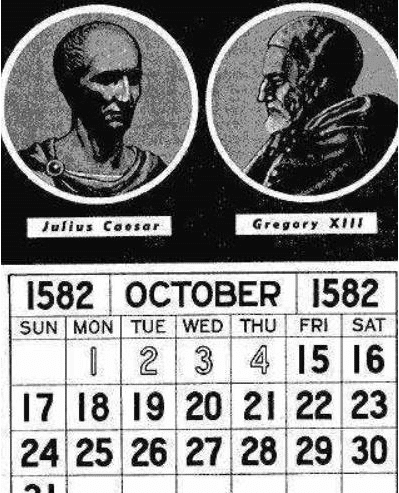 1582年教皇格里高利十三世改革历法导致看上去这一年少了十天