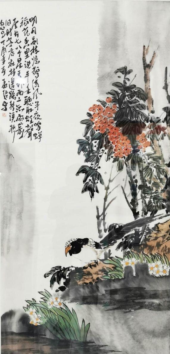 展出作品画家孟超将水墨与重彩结合,使他花鸟画比工笔画多了些许轻松